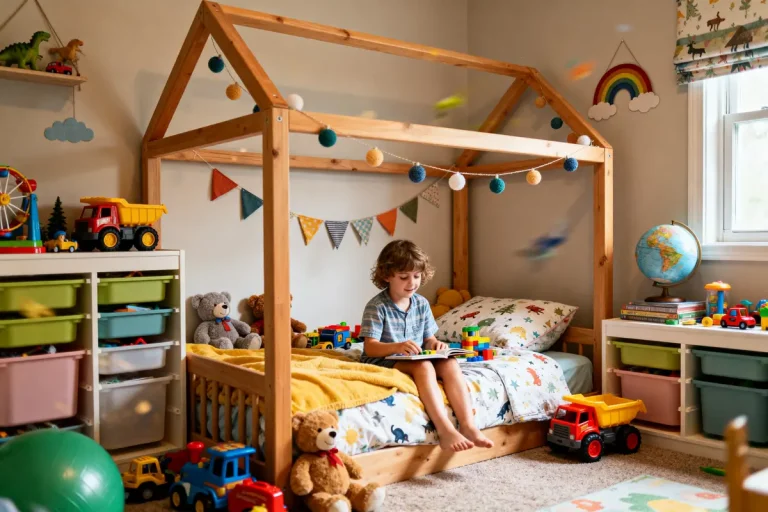 Enfant lisant sur une cabane de lit enfant entourée de jouets dans chambre colorée
