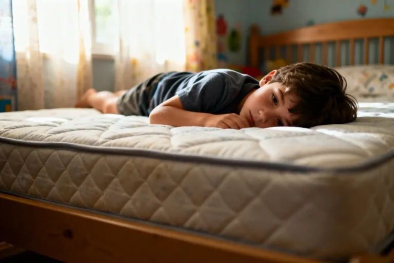 Enfant allongé sur un matelas montrant comment choisir matelas enfant adapté et confortable