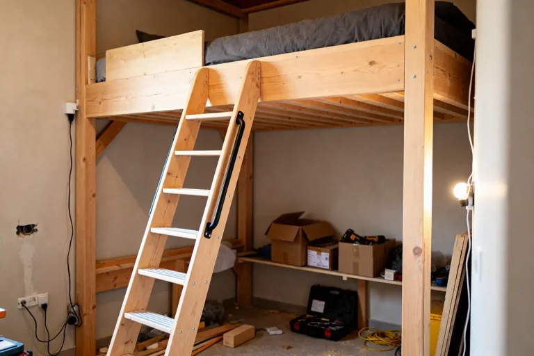 Escalier et structure en bois pour construire un lit mezzanine dans une pièce aménagée