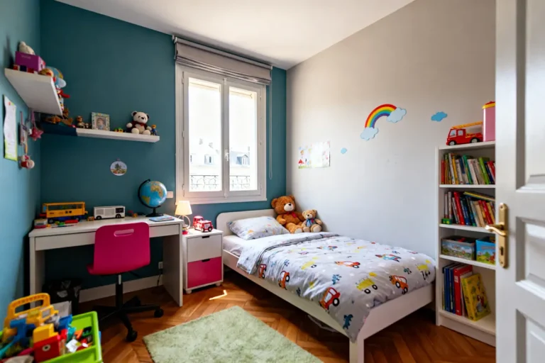 Chambre enfant colorée avec lit, bureau, étagères et jouets illustrant dimension chambre enfant