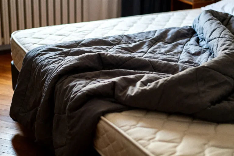 Lit avec couette grise pliée illustrant la dimension couette standard pour une chambre élégante