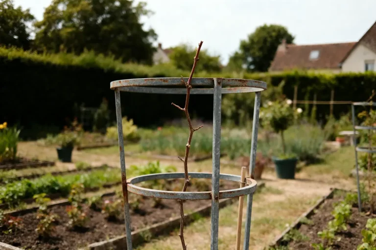 Jeune pousse sur tuteur métallique formant un espalier dans un jardin potager verdoyant