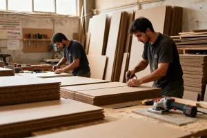 Artisans en atelier fabriquent des meubles en MDF avec précision et outils spécialisés
