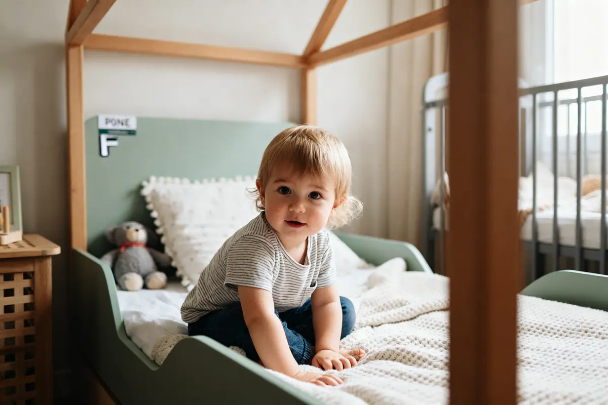 Enfant assis sur un lit cabane illustrant la hauteur d'un lit enfant sécurisé