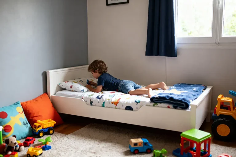 Enfant jouant dans un lit 90x140 jusqu'à quel âge adapté avec jouets colorés autour