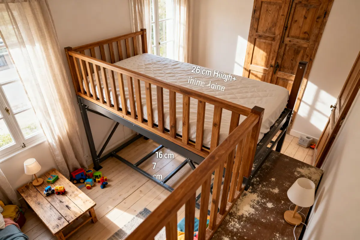 Chambre en bois avec lit mezzanine à partir de 3 ans et jouets colorés au sol