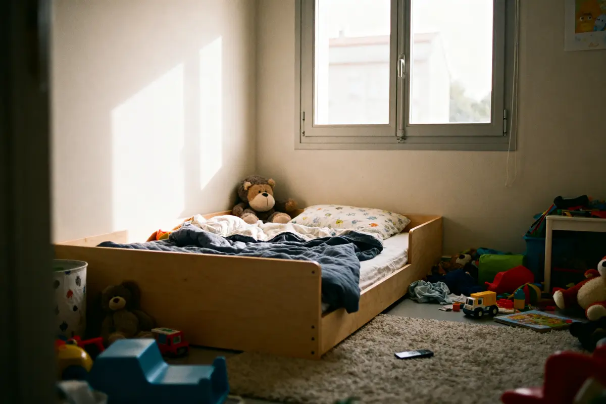 Chambre d'enfant avec lit montessori en bois entouré de jouets et peluches