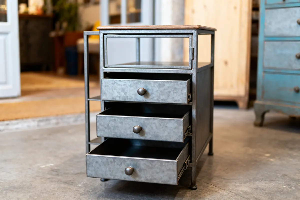 Meuble cami industriel métallique à trois tiroirs partiellement ouverts, idéal pour décoration moderne