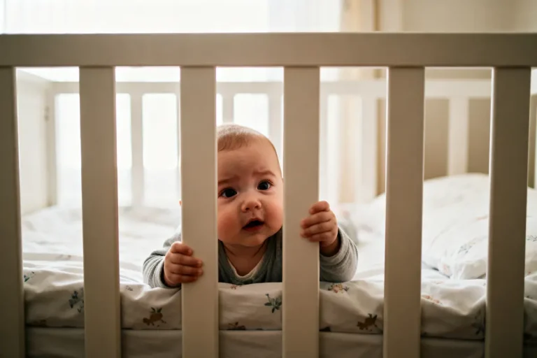 Bébé curieux dans son lit blanc quand changer le lit du bébé nécessaire