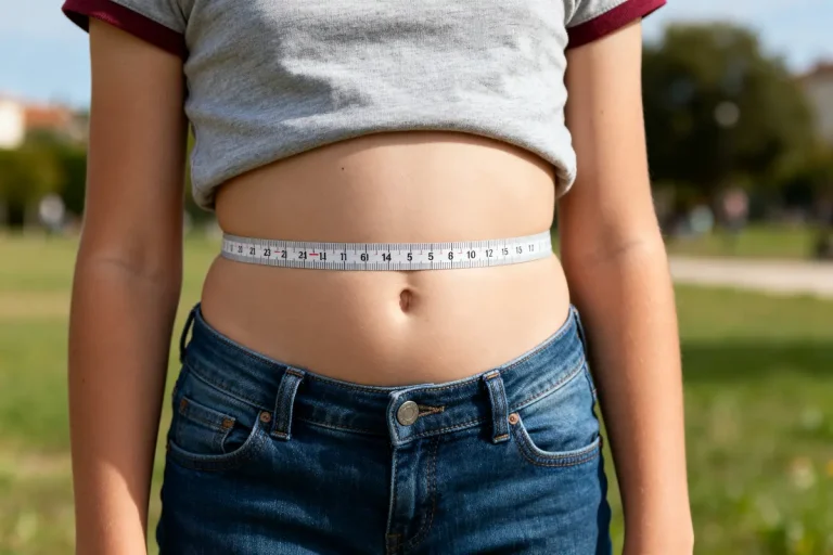Enfant mesurant son tour de taille pour taille de vêtement à 10 ans