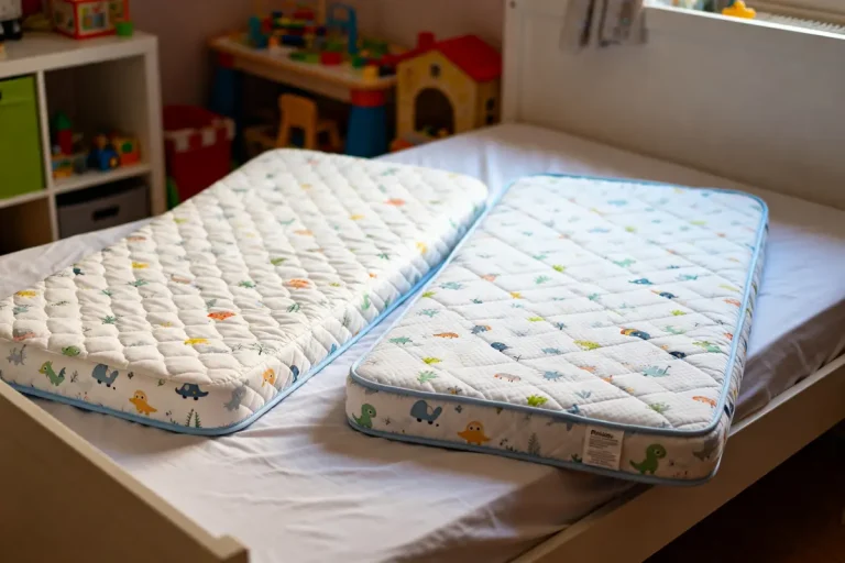 Deux matelas bébé illustrés comparant la taille du matelas bébé sur un lit enfant