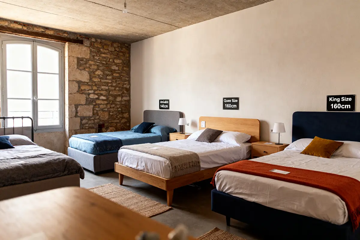 Quatre lits avec différentes tailles des lits dans une chambre en pierre apparente