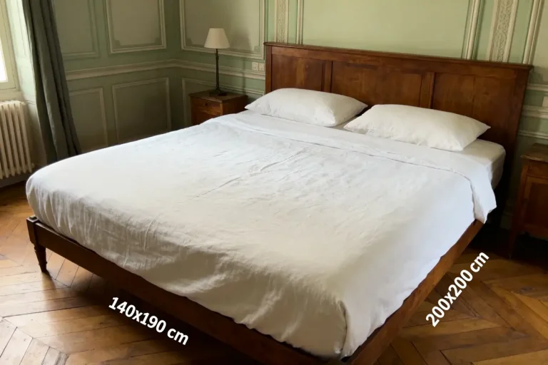 Lit double avec draps blancs dans une chambre élégante, parquet en bois et murs vert clair.