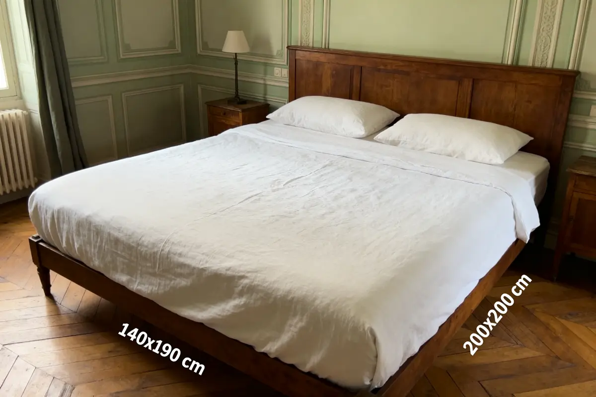 Lit double avec draps blancs dans une chambre élégante, parquet en bois et murs vert clair.