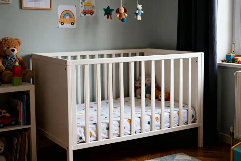 Lit bébé blanc avec jouets en peluche, mobile et décorations murales colorées.