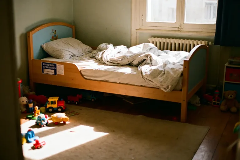 Lit d'enfant avec draps en désordre, jouets colorés dispersés au sol, lumière naturelle entrant par la fenêtre.