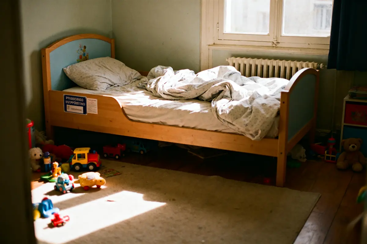 Lit d'enfant avec draps en désordre, jouets colorés dispersés au sol, lumière naturelle entrant par la fenêtre.