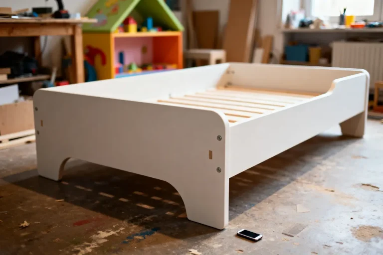Lit en bois blanc dans un atelier, téléphone noir par terre, étagère colorée en arrière-plan.