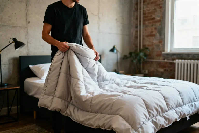 Personne en noir refaisant un lit avec une couverture blanche dans une chambre moderne à la lumière naturelle.