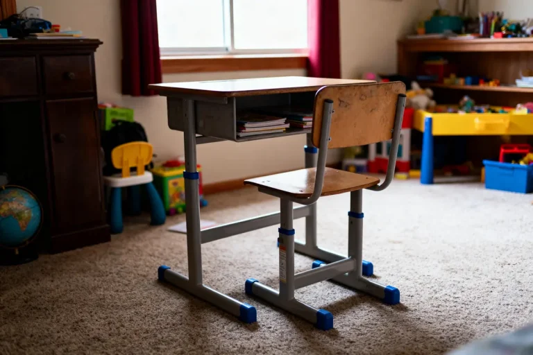 Bureau scolaire en bois dans une chambre d'enfant avec jouets, livres sous la table.