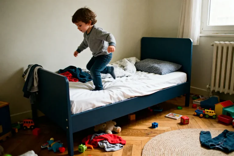 Enfant sautant sur lit dans chambre, jouets éparpillés au sol, ambiance lumineuse et joyeuse.