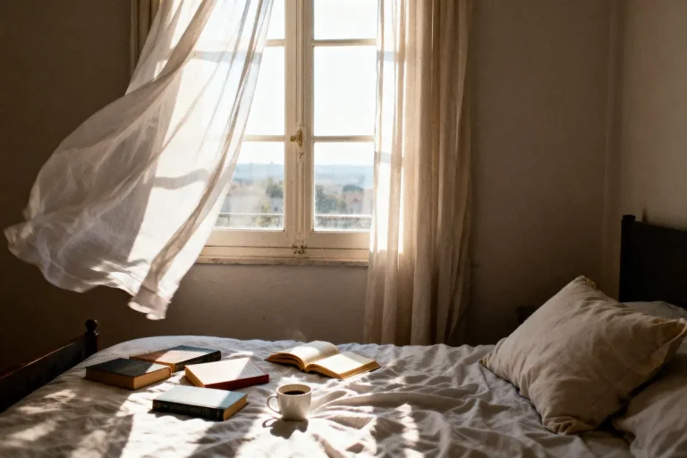 Lit avec draps blancs, livres ouverts, café; rideau flottant devant fenêtre éclairée par le soleil.