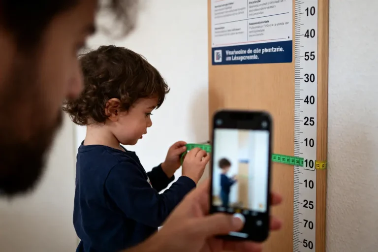 Enfant mesuré contre mur, personne photographiant avec smartphone, ruban à mesurer vert visible.