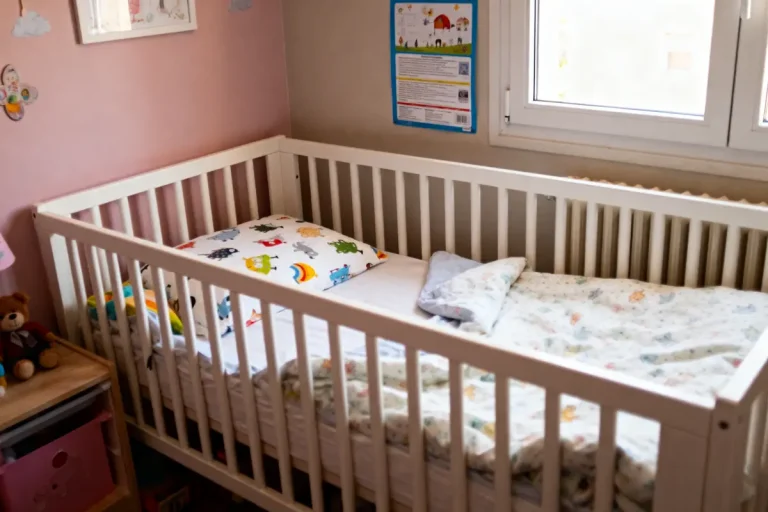 Lit de bébé blanc avec draps colorés, chambre pastel, jouet en peluche, fenêtre et mur décoré.