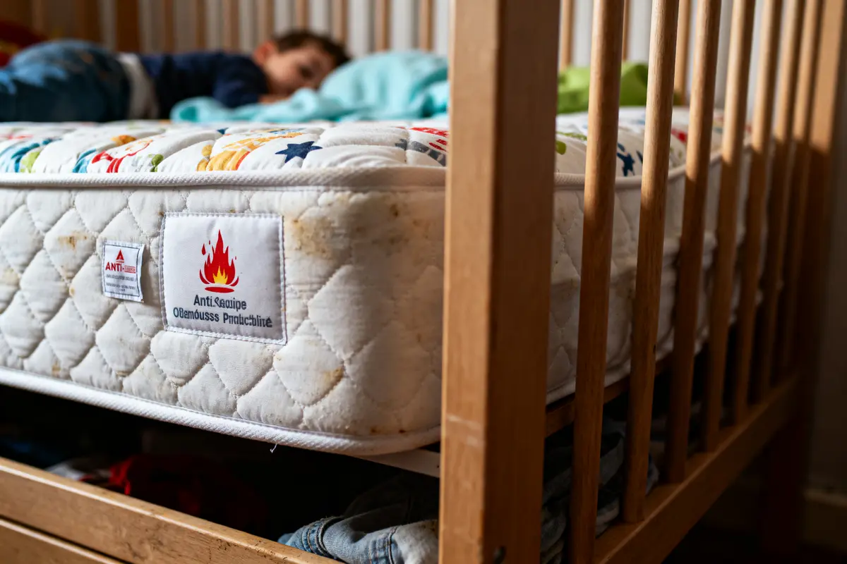 Matelas de lit pour enfant avec étiquette ignifugée, enfant dormant à l'arrière-plan.