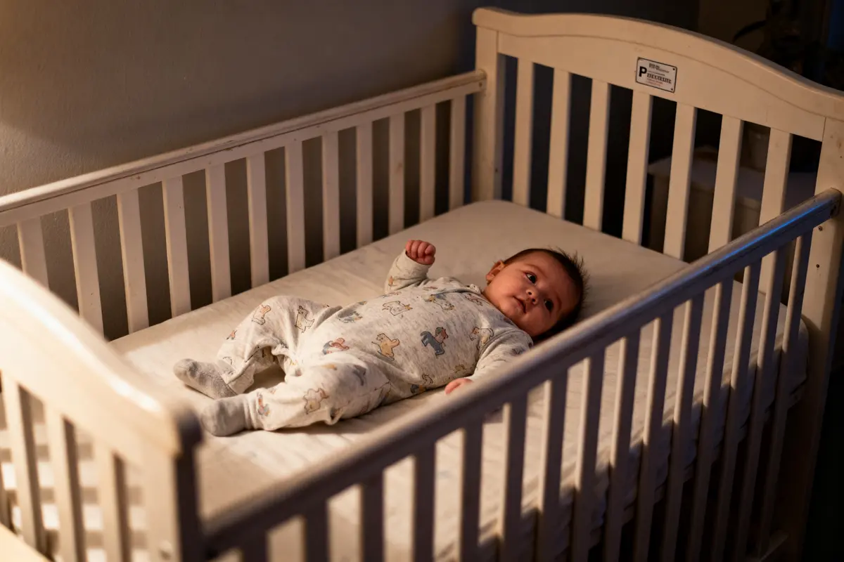 Bébé éveillé en pyjama imprime, allongé dans un lit blanc à barreaux, éclairage doux.