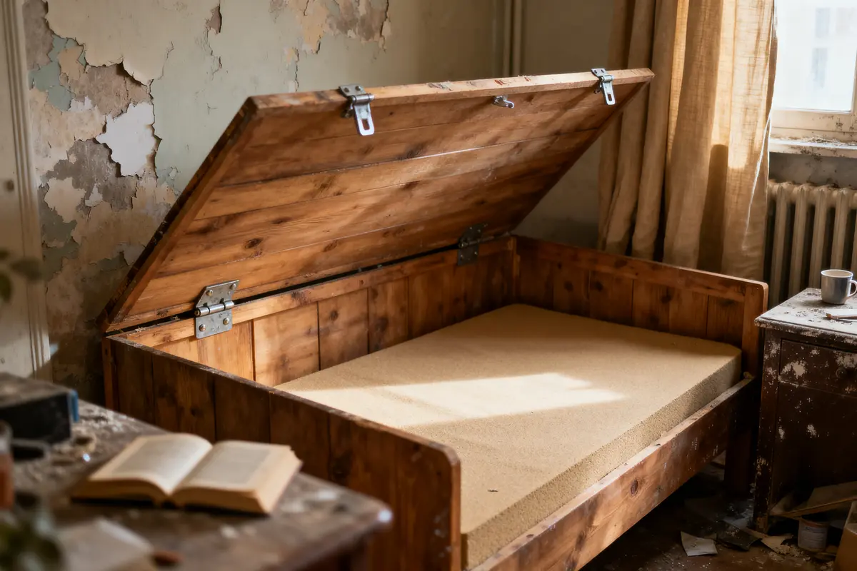 Lit en bois ancien avec espace de rangement ouvert, murs écaillés et livre sur table.