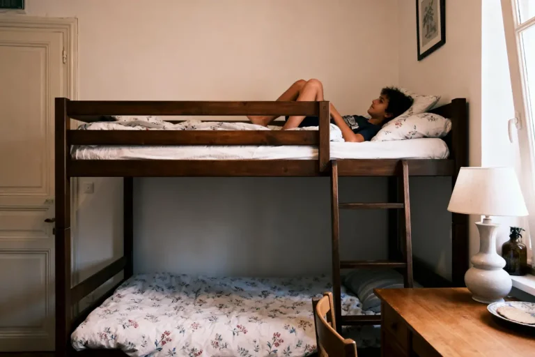Garçon allongé sur un lit superposé dans une chambre avec bureau, chaise et lampe près de la fenêtre.