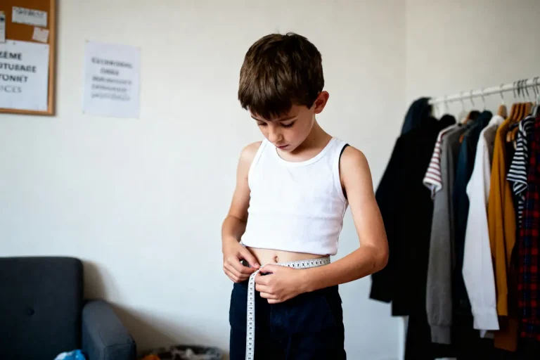 Un garçon mesure sa taille avec un ruban, vêtements suspendus derrière lui.