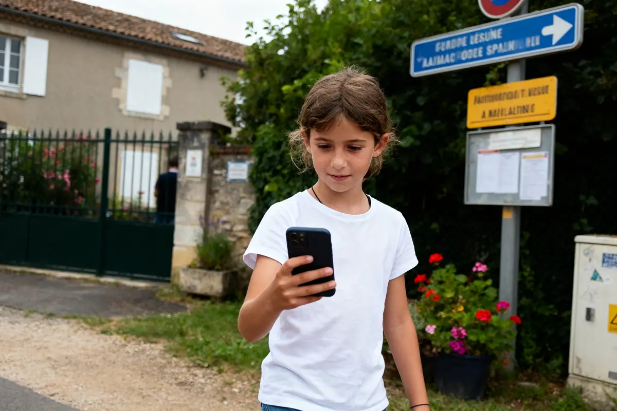 Jeune fille en t-shirt blanc utilisant un smartphone, debout devant une maison et des panneaux de signalisation.