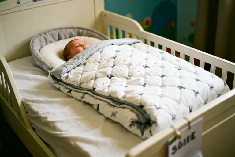 Bébé dormant paisiblement dans un berceau, couvert d'une couette blanche ornée de motifs.