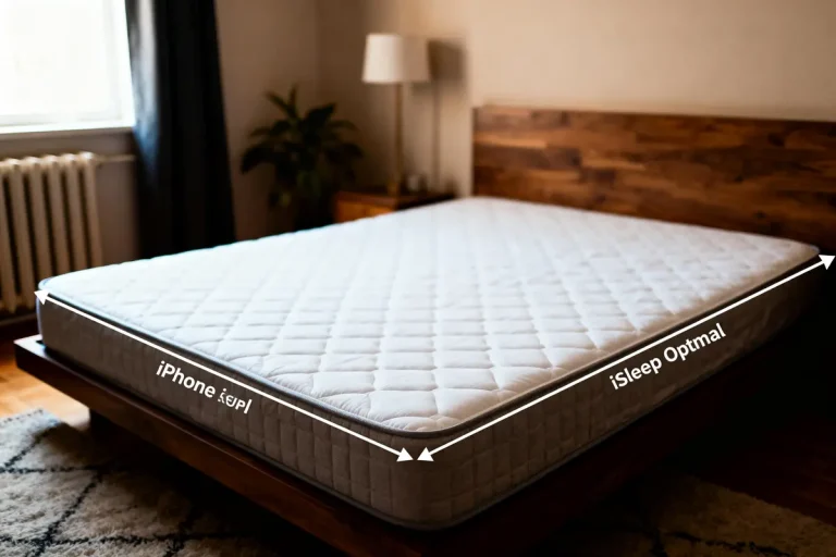 Matelas blanc sur un lit en bois, chambre lumineuse, plante et lampe en arrière-plan.