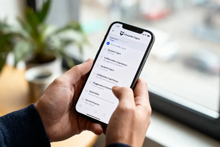 Une personne utilisant une application mobile sur smartphone près d'une fenêtre, avec plante en arrière-plan.