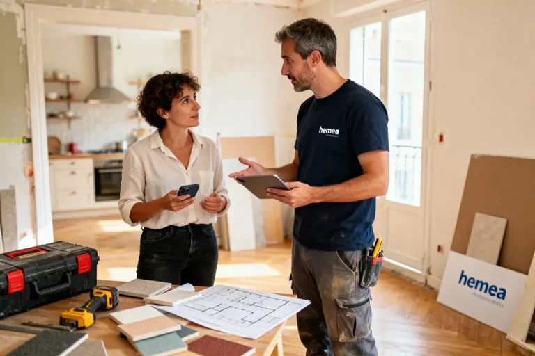 Deux personnes discutent de rénovation intérieure dans une pièce. Plans et échantillons sur la table.