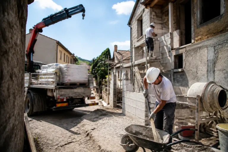 Travailleur de la construction mélangeant le béton, échafaudage, camion avec grue et sacs, chantier de rénovation.
