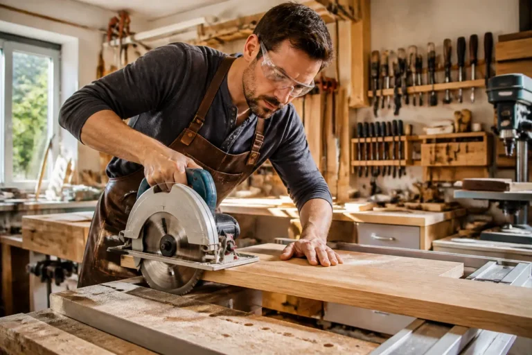 Homme travaillant le bois dans atelier avec scie circulaire, portant lunettes de protection et tablier en cuir.