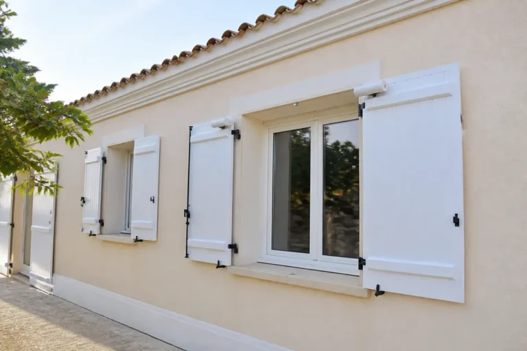 Maison beige avec fenêtres, volets blancs ouverts, terrasse ombragée, arbre à gauche, ambiance ensoleillée, ciel dégagé.